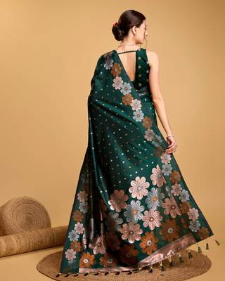 Green woven embellished silk blend banarasi saree with blouse 4