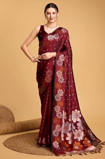 Maroon woven embellished pure silk banarasi saree with blouse