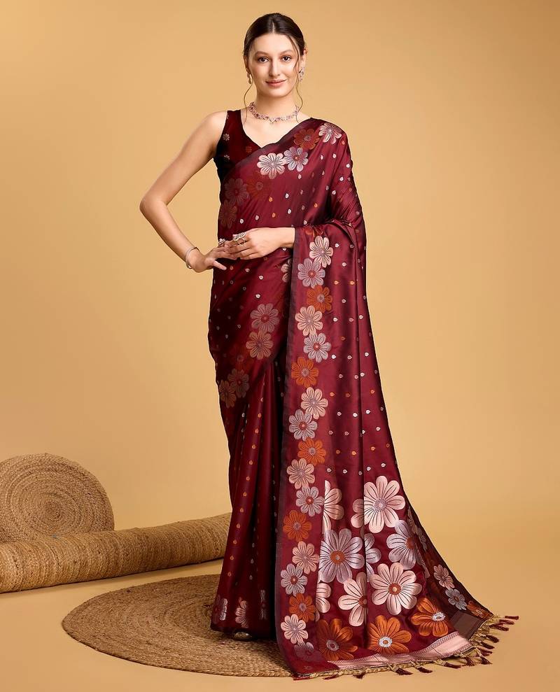 Maroon woven embellished pure silk banarasi saree with blouse