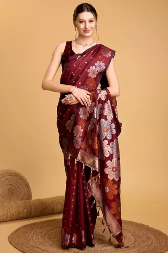 Maroon woven embellished pure silk banarasi saree with blouse