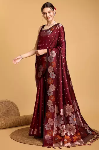 Maroon woven embellished pure silk banarasi saree with blouse