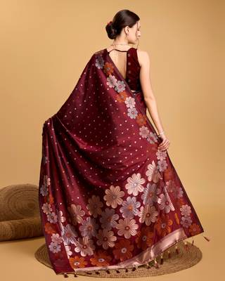 Maroon woven embellished silk blend banarasi saree with blouse 4