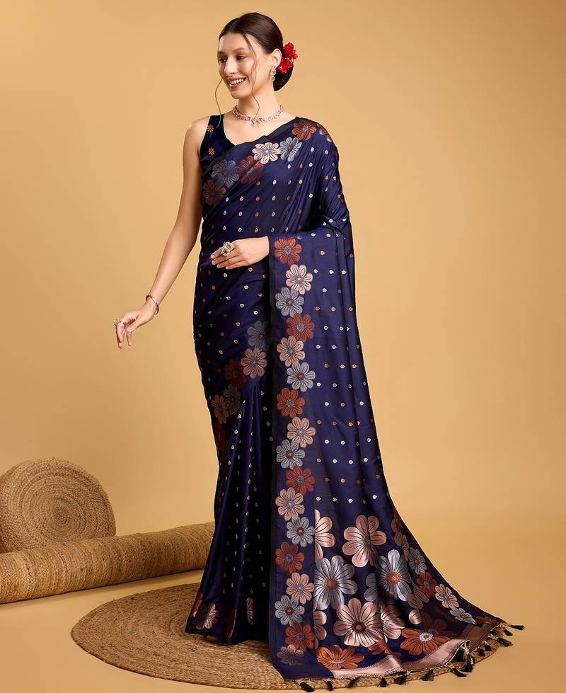 Navy blue woven embellished pure silk banarasi saree with blouse