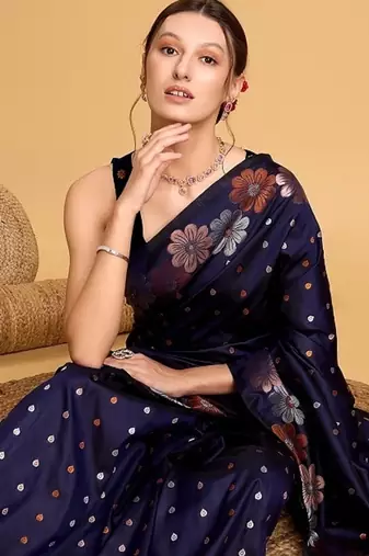 Navy blue woven embellished pure silk banarasi saree with blouse
