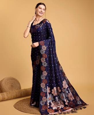 Navy blue woven embellished silk blend banarasi saree with blouse 3