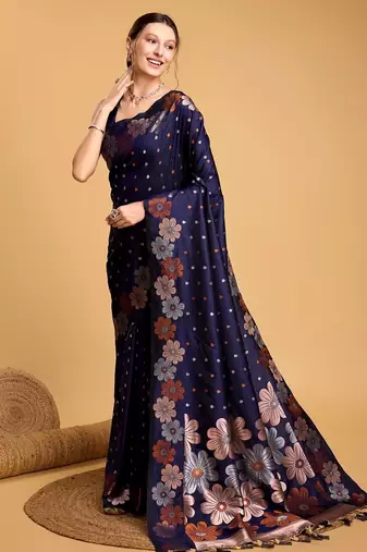 Navy blue woven embellished pure silk banarasi saree with blouse