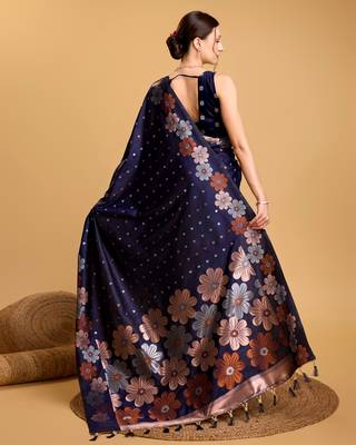 Navy blue woven embellished silk blend banarasi saree with blouse 4
