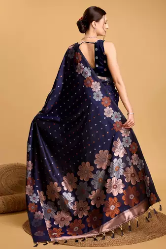 Navy blue woven embellished pure silk banarasi saree with blouse