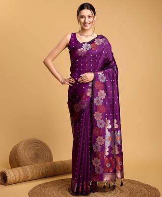 Purple woven embellished silk blend banarasi saree with blouse 1