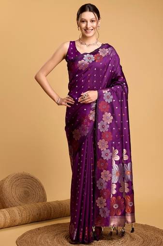Purple woven embellished pure silk banarasi saree with blouse