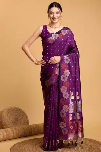 Purple woven embellished pure silk banarasi saree with blouse