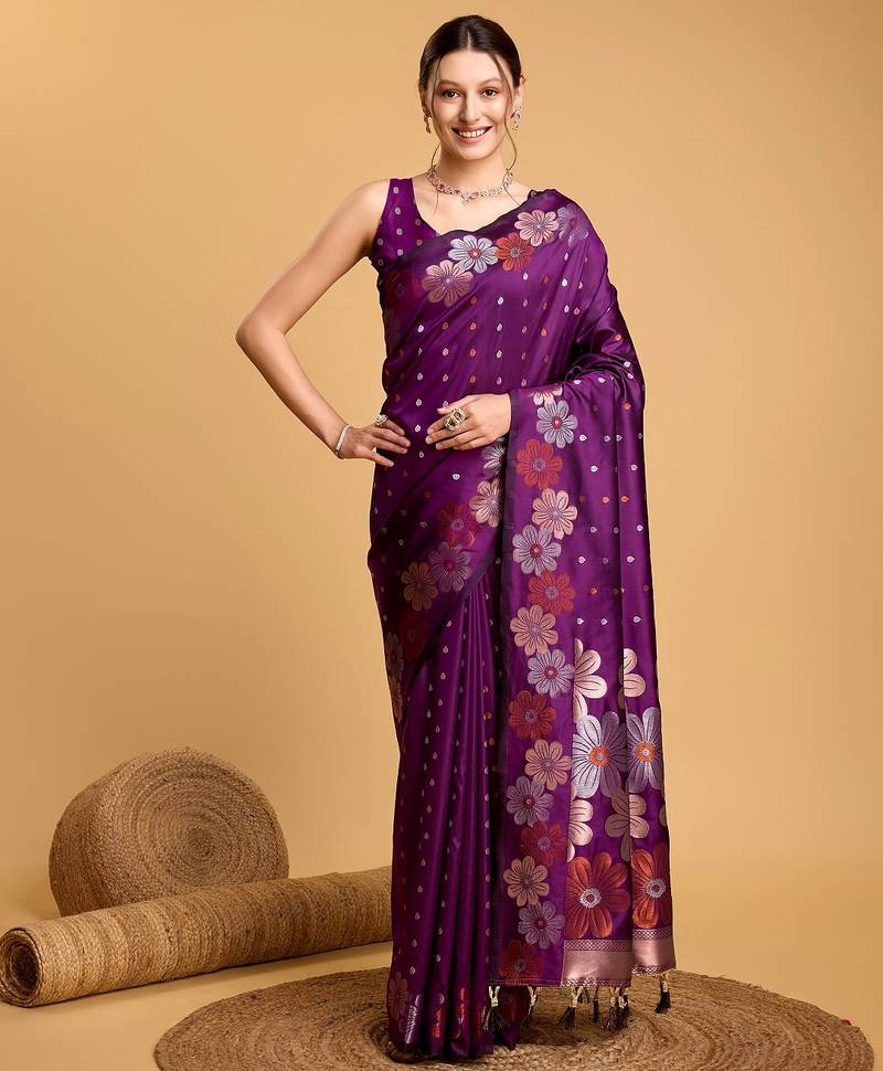 Purple woven embellished pure silk banarasi saree with blouse