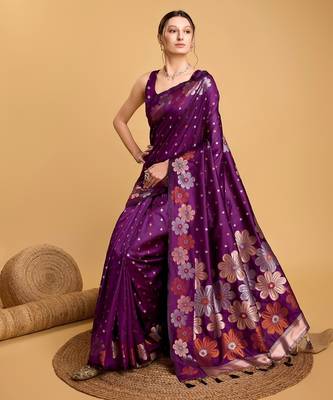 Purple woven embellished silk blend banarasi saree with blouse 2