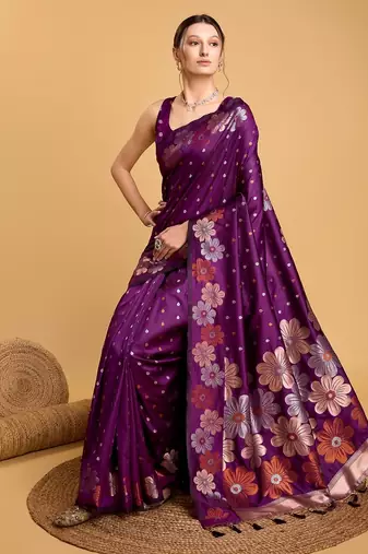 Purple woven embellished pure silk banarasi saree with blouse