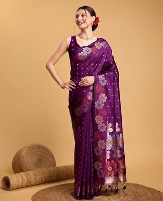 Purple woven embellished silk blend banarasi saree with blouse 3