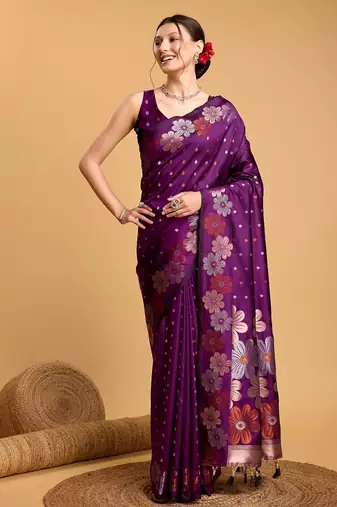Purple woven embellished pure silk banarasi saree with blouse