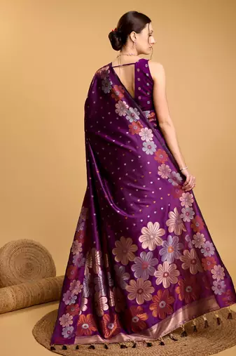 Purple woven embellished pure silk banarasi saree with blouse