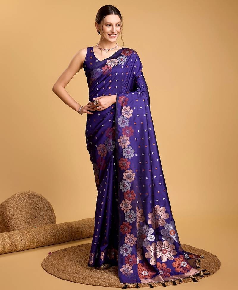 Violet woven embellished pure silk banarasi saree with blouse