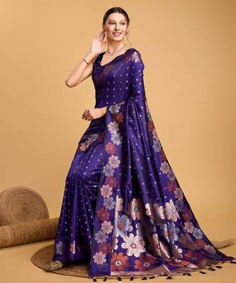 Violet woven embellished silk blend banarasi saree with blouse 2