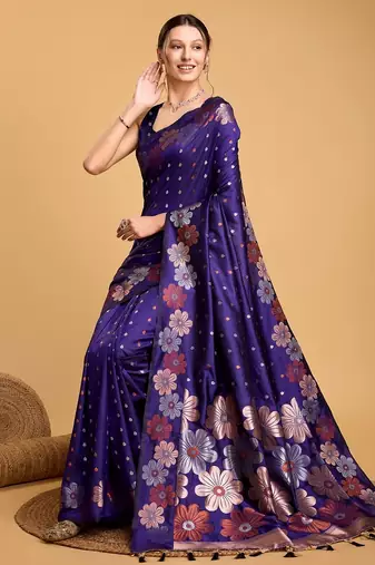 Violet woven embellished pure silk banarasi saree with blouse