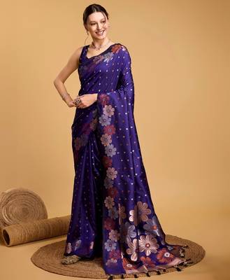 Violet woven embellished silk blend banarasi saree with blouse 3