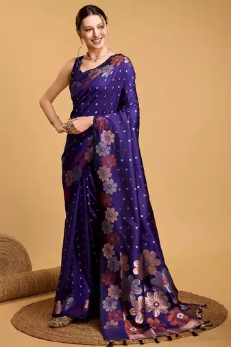 Violet woven embellished pure silk banarasi saree with blouse