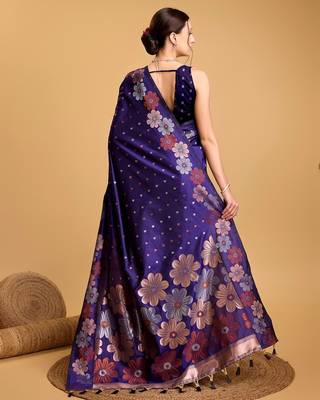 Violet woven embellished silk blend banarasi saree with blouse 4