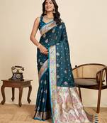 Blue floral print woven satin banarasi saree with blouse