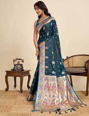 Blue floral print woven satin banarasi saree with blouse 3