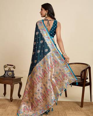 Blue floral print woven satin banarasi saree with blouse 4