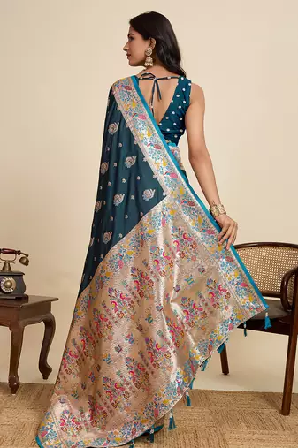 Blue floral print woven satin banarasi saree with blouse