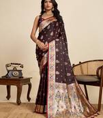 Maroon floral print woven satin banarasi saree with blouse