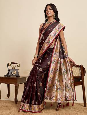 Maroon floral print woven satin banarasi saree with blouse 2