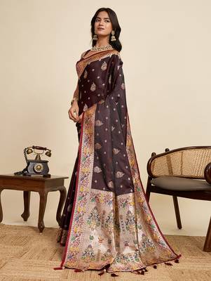 Maroon floral print woven satin banarasi saree with blouse 3