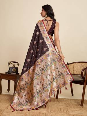 Maroon floral print woven satin banarasi saree with blouse 4