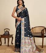 Navy blue floral print woven satin banarasi saree with blouse