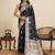 Navy blue floral print woven satin banarasi saree with blouse
