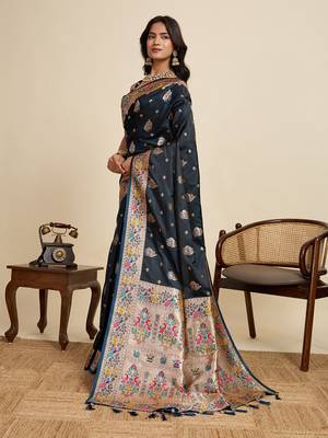 Navy blue floral print woven satin banarasi saree with blouse 3