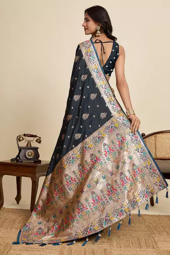 Navy blue floral print woven satin banarasi saree with blouse