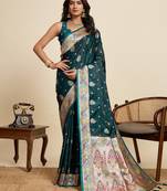 Teal blue floral print woven satin banarasi saree with blouse
