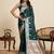 Teal blue floral print woven satin banarasi saree with blouse