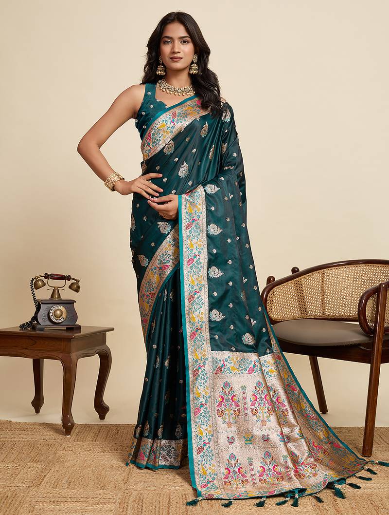 Teal blue floral print woven satin banarasi saree with blouse