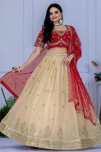 Off White Color Embroidery With Zari Thread & Sequence Work  Silk Lehanga Choli Set