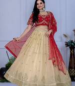 Off White Color Embroidery With Zari Thread & Sequence Work  Silk Lehanga Choli Set