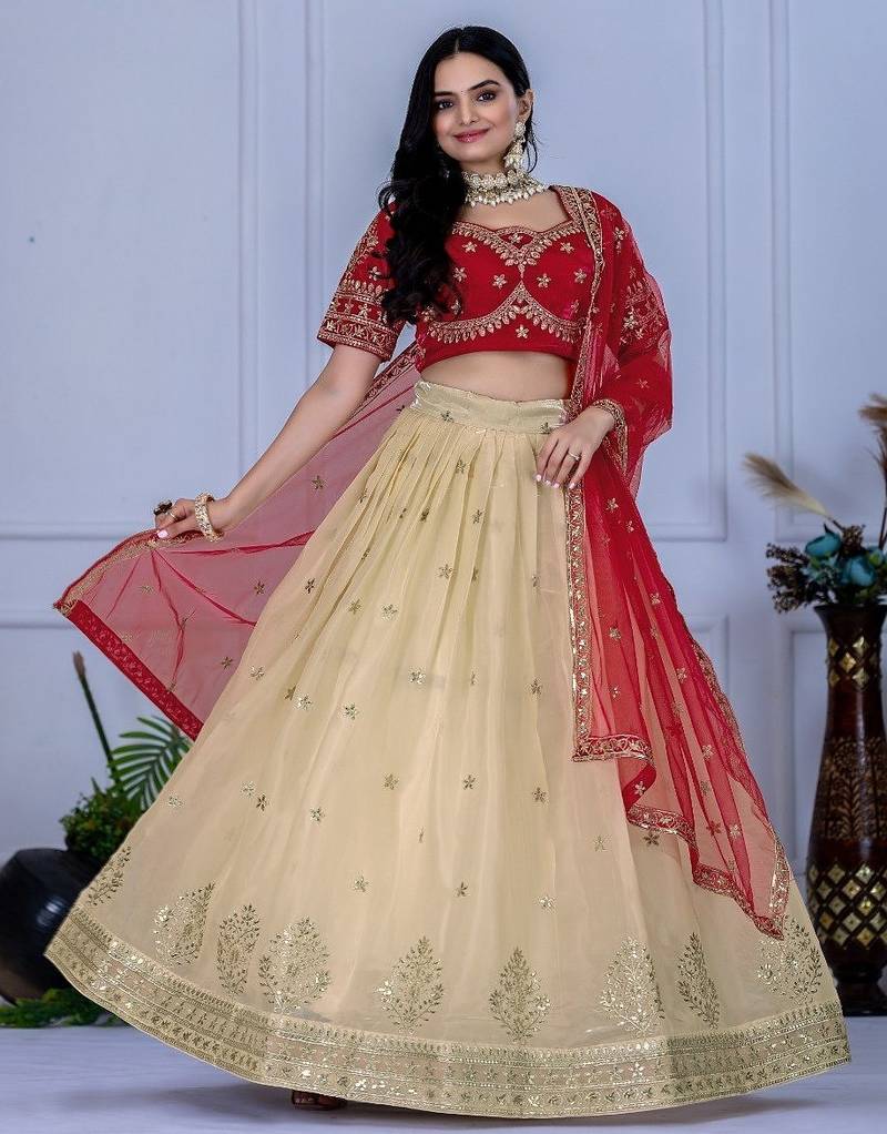 Off White Color Embroidery With Zari Thread & Sequence Work  Silk Lehanga Choli Set