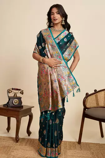 Teal blue floral print woven satin banarasi saree with blouse
