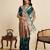Teal blue floral print woven satin banarasi saree with blouse