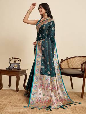 Teal blue floral print woven satin banarasi saree with blouse 3