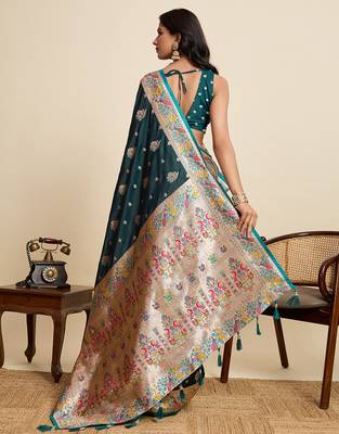 Teal blue floral print woven satin banarasi saree with blouse 4