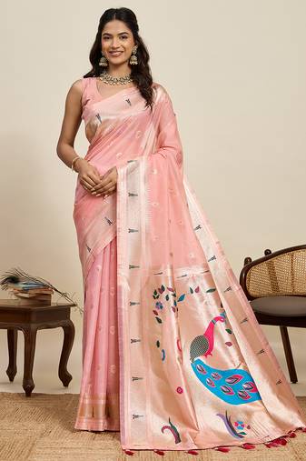 Baby pink meenakari motifs design semi cotton silk paithani saree with blouse